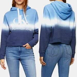 Calvin Klein Jeans Sweatshirt Hoodie Dip-Dye Pullover CK Logo Sz XL Blue Crop